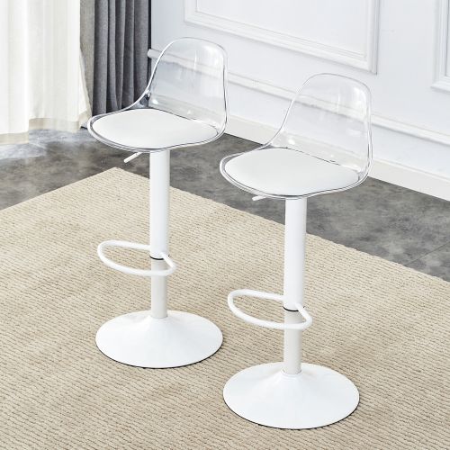 Lot De 2 Tabourets De Bar Réglables, Dossier Transparent, Piètement Métal Blanc, Blanc