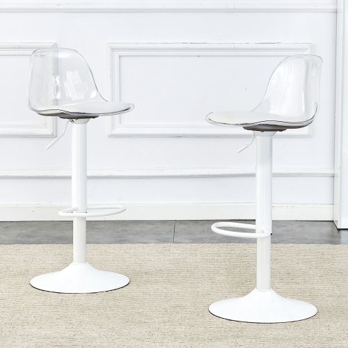Lot De 2 Tabourets De Bar Réglables, Dossier Transparent, Piètement Métal Blanc, Blanc