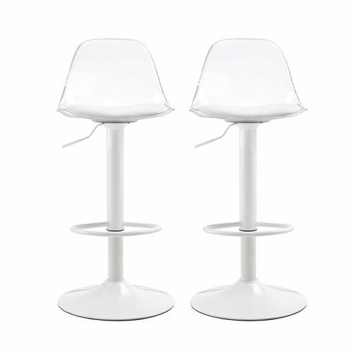 Lot De 2 Tabourets De Bar Réglables, Dossier Transparent, Piètement Métal Blanc, Blanc