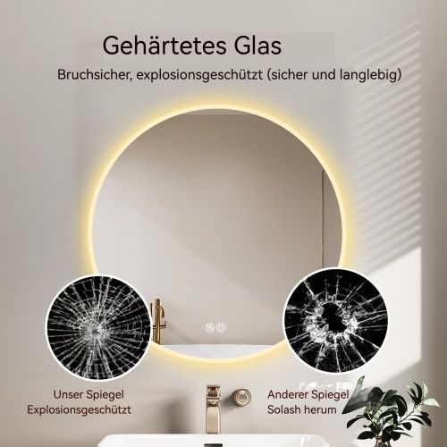 Miroir De Salle De Bain Rond LED 80 Cm Avec Anti-buée Et Lumière Réglable