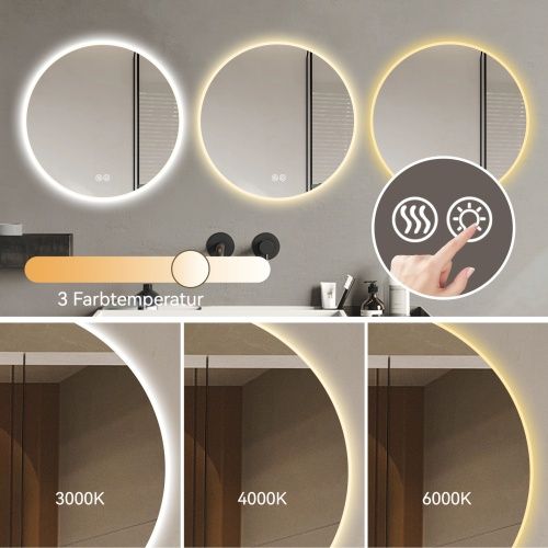 Miroir De Salle De Bain Rond 70 Cm Avec Éclairage LED, Antibuée Et Variation De Teinte