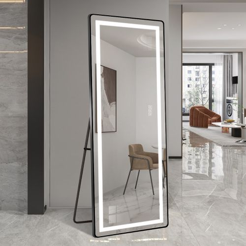 Miroir Sur Pied 163x54 Cm Avec LED, Cadre Fin En Aluminium Noir