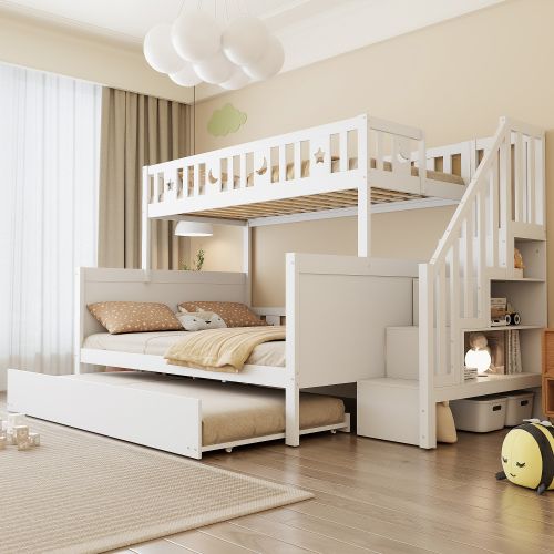 Lit Superposé 90x200 Cm Et 140x200 Cm Avec Lit Gigogne, Escalier-rangement, En Bois, Blanc