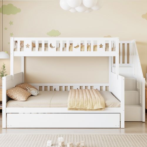 Lit Superposé 90x200 Cm Et 140x200 Cm Avec Lit Gigogne, Escalier-rangement, En Bois, Blanc