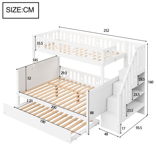 Lit Superposé 90x200 Cm Et 140x200 Cm Avec Lit Gigogne, Escalier-rangement, En Bois, Blanc