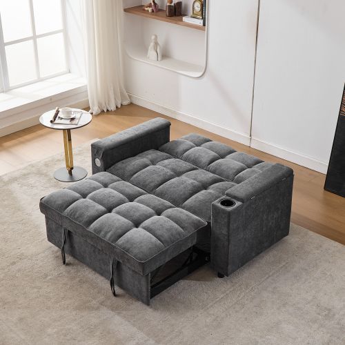 Canapé Convertible 2 Places Avec Dossier Réglable, Port USB Et Table Cachée