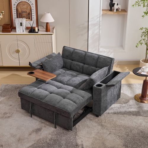 Canapé Convertible 2 Places Avec Dossier Réglable, Port USB Et Table Cachée