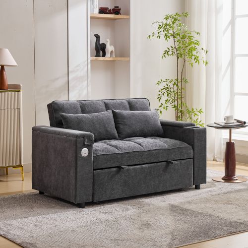 Canapé Convertible 2 Places Avec Dossier Réglable, Port USB Et Table Cachée