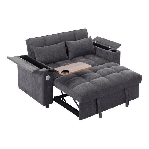 Canapé Convertible 2 Places Avec Dossier Réglable, Port USB Et Table Cachée