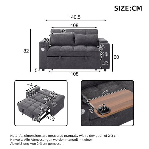 Canapé Convertible 2 Places Avec Dossier Réglable, Port USB Et Table Cachée