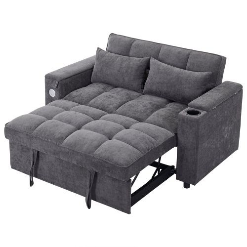 Canapé Convertible 2 Places Avec Dossier Réglable, Port USB Et Table Cachée