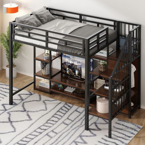 Lit Mezzanine 90x200 Cm Avec Support TV Et Prise Intégrée, En Métal, Noir