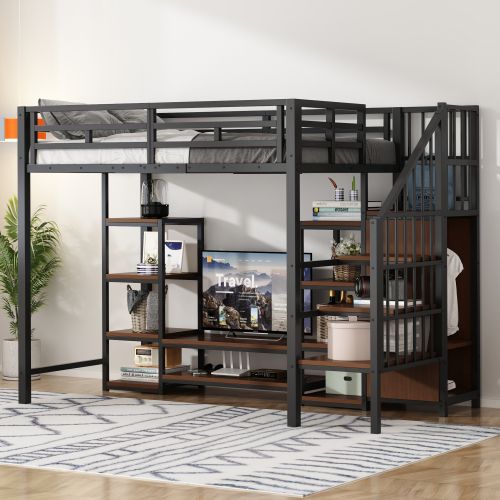 Lit Mezzanine 90x200 Cm Avec Support TV Et Prise Intégrée, En Métal, Noir