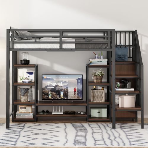 Lit Mezzanine 90x200 Cm Avec Support TV Et Prise Intégrée, En Métal, Noir