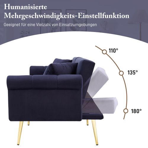 Canapé Convertible 2 Places En Velours Bleu Antique, Dossier 3 Positions, Pieds Métal Doré