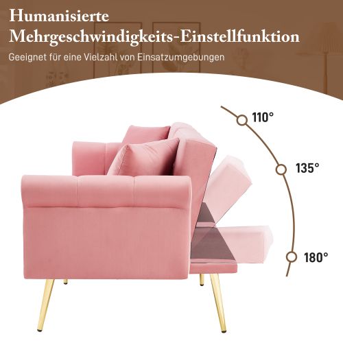 Canapé Convertible 2 Places Dossiers Indépendants 3 Positions, En Velours Rose, Pieds Métal Doré