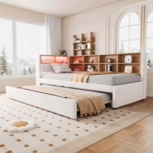 Lit Enfant 90x200 Cm Avec Lit Gigogne 90x190 Cm, Rangements, LED, En Flanelle, Beige