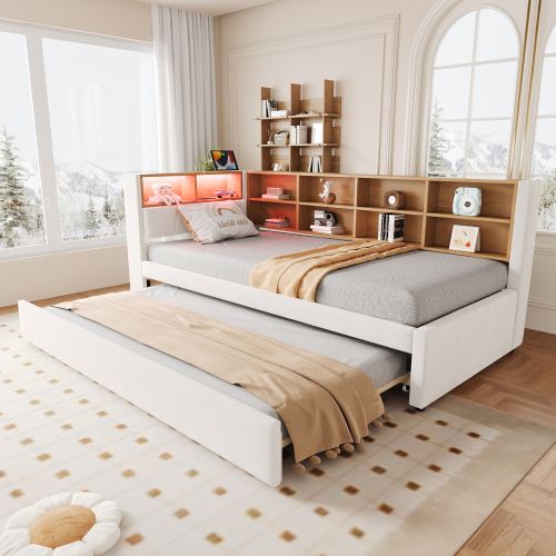 Lit Enfant 90x200 Cm Avec Lit Gigogne 90x190 Cm, Rangements, LED, En Flanelle, Beige