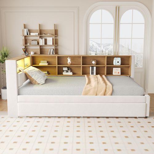 Lit Enfant 90x200 Cm Avec Lit Gigogne 90x190 Cm, Rangements, LED, En Flanelle, Beige