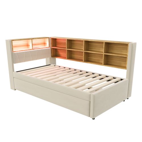 Lit Enfant 90x200 Cm Avec Lit Gigogne 90x190 Cm, Rangements, LED, En Flanelle, Beige