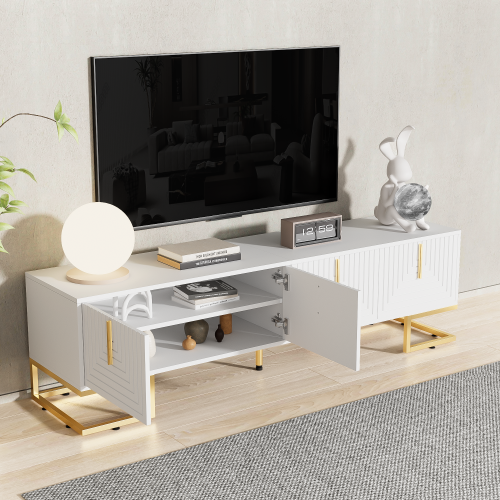 Meuble TV Blanc De 170 Cm, Mat, Avec 4 Portes, Étagères Intégrées