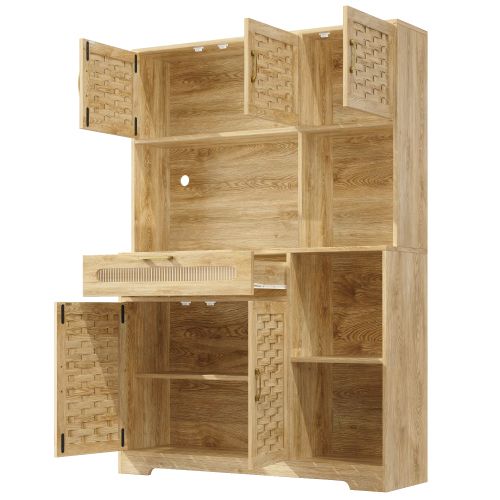 Buffet Haut 120x40x180 Cm Avec Portes En Vitrées Tissées, Tiroir, LED, Naturel