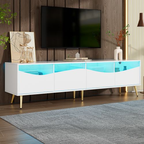 Meuble TV 180 Cm, Avec LED, Façade En Verre, Pieds Métal Doré, Blanc