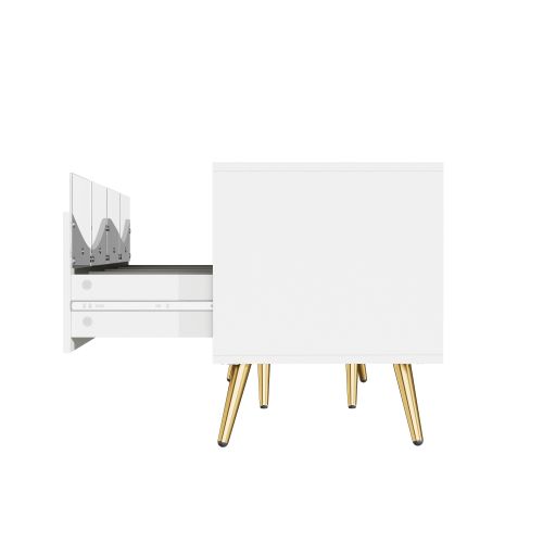 Meuble TV 180 Cm, Avec LED, Façade En Verre, Pieds Métal Doré, Blanc