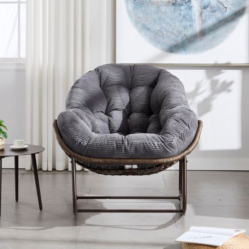 Fauteuil à Bascule En Résine Tressée, Structure Acier, Coussin Rembourré, Gris