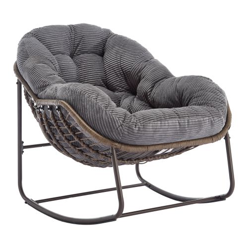 Fauteuil à Bascule En Résine Tressée, Structure Acier, Coussin Rembourré, Gris