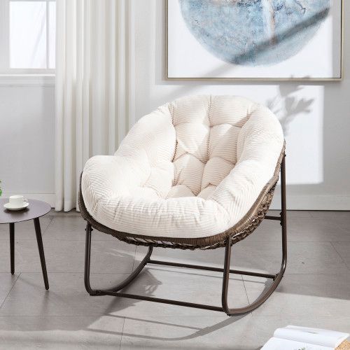 Fauteuil à Bascule En Rotin Synthétique, Structure Acier, Coussin Rembourré, Blanc