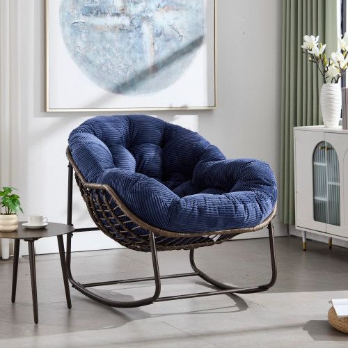 Fauteuil à Bascule En Rotin Synthétique, Cadre Acier, Grand Format, Bleu Marine