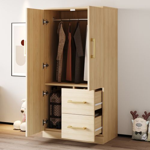 Armoire Enfant à Double Porte 70 X 40 X 135 Cm, 2 Tiroirs, Couleur Bois Naturel