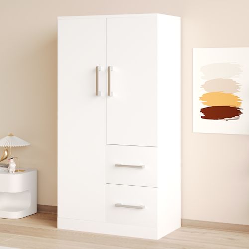 Armoire Enfant à Double Porte 70 X 40 X 135 Cm, 2 Tiroirs, Blanc