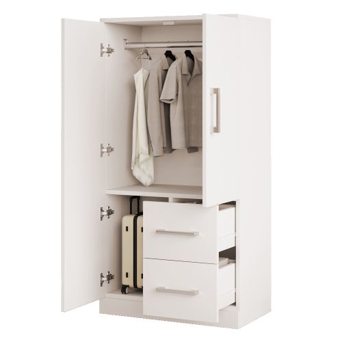Armoire Enfant à Double Porte 70 X 40 X 135 Cm, 2 Tiroirs, Blanc