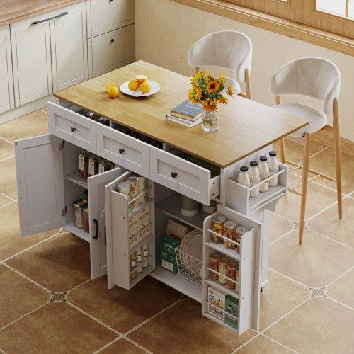 Desserte De Cuisine à Roulettes Avec 3 Tiroirs Et 4 Portes, Blanc Et Naturel