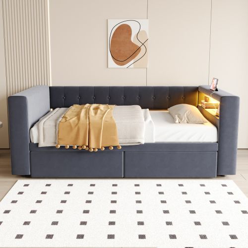 Lit Enfant 90x190 Cm Avec 2 Tiroirs, LED Et Prises, Sommier à Lattes, En Flanelle, Gris Foncé