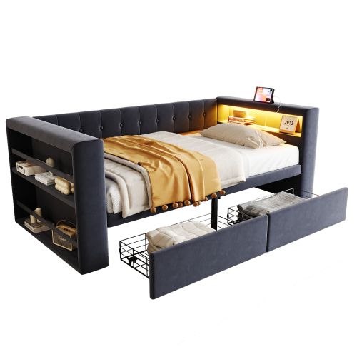 Lit Enfant 90x190 Cm Avec 2 Tiroirs, LED Et Prises, Sommier à Lattes, En Flanelle, Gris Foncé