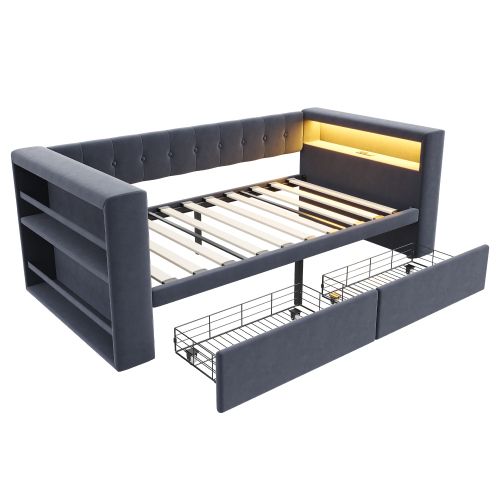 Lit Enfant 90x190 Cm Avec 2 Tiroirs, LED Et Prises, Sommier à Lattes, En Flanelle, Gris Foncé