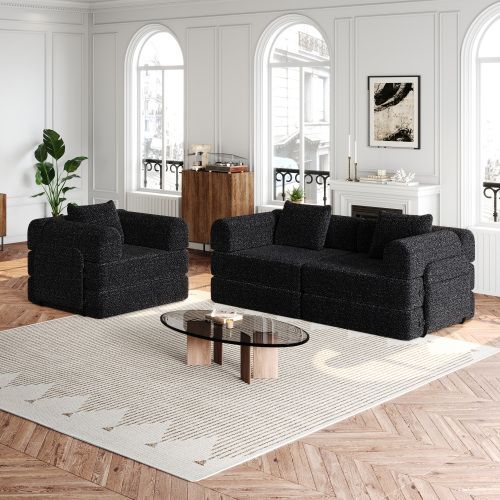 Canapé Convertible 1 Place En Chenille Noir Avec Rangement D'accoudoir Et Structure Acier