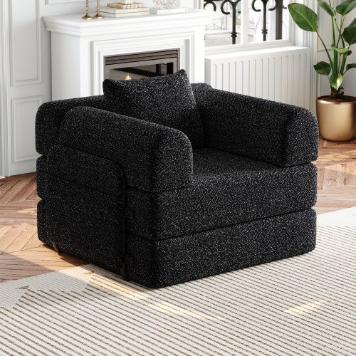 Canapé Convertible 1 Place En Chenille Noire Avec Rangement Accoudoir Et Armature En Acier