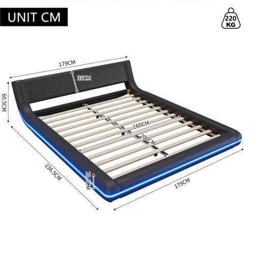 Lit Adulte 160x200 Cm, Éclairage LED D'ambiance, En Pu, Noir