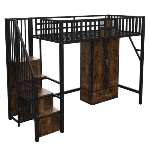 Lit Mezzanine 90x200 Cm Avec Armoire Et Tiroir, Garde-corps Bois Et Métal, En Métal Et Bois, Noir