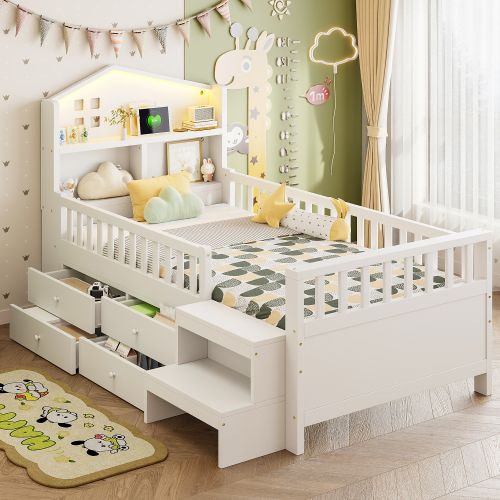 Lit enfant 90x200 cm - lit cabane avec 2 tiroirs de rangement, sommier en bois inclus, sans matelas - naturel