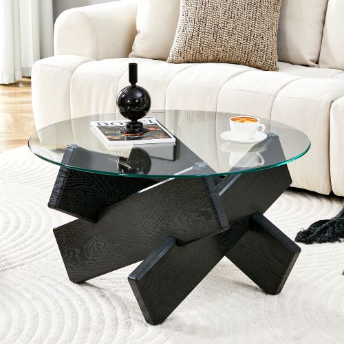 Table Basse Ronde En Mdf Et Verre Trempé 79 Cm, Finition Bois Noir