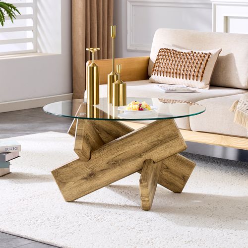 Table Basse Ronde 79 Cm En Mdf Et Verre Trempé, Cadre Croisé, Effet Bois Et Transparent