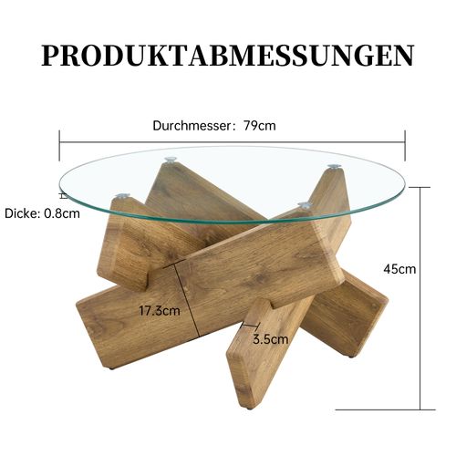 Table Basse Ronde 79 Cm En Mdf Et Verre Trempé, Cadre Croisé, Effet Bois Et Transparent