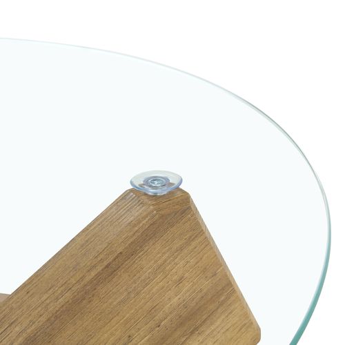 Table Basse Ronde 79 Cm En Mdf Et Verre Trempé, Cadre Croisé, Effet Bois Et Transparent