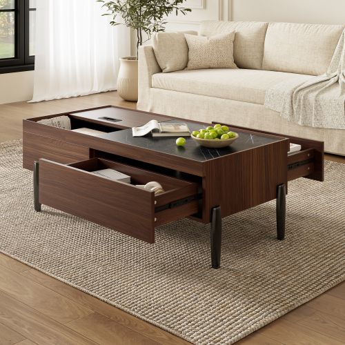 Table Basse Rectangulaire Marron Et Gris Foncé Avec Tiroirs, Rangement Et Plateau En Verre