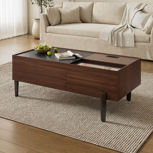 Table Basse Rectangulaire Marron Et Gris Foncé Avec Tiroirs, Rangement Et Plateau En Verre